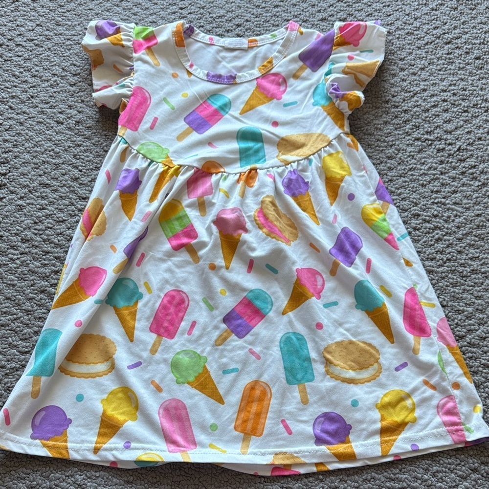 SHEIN White Girls Ice Cream & Popsicle Print Dress with Rainbow Accents